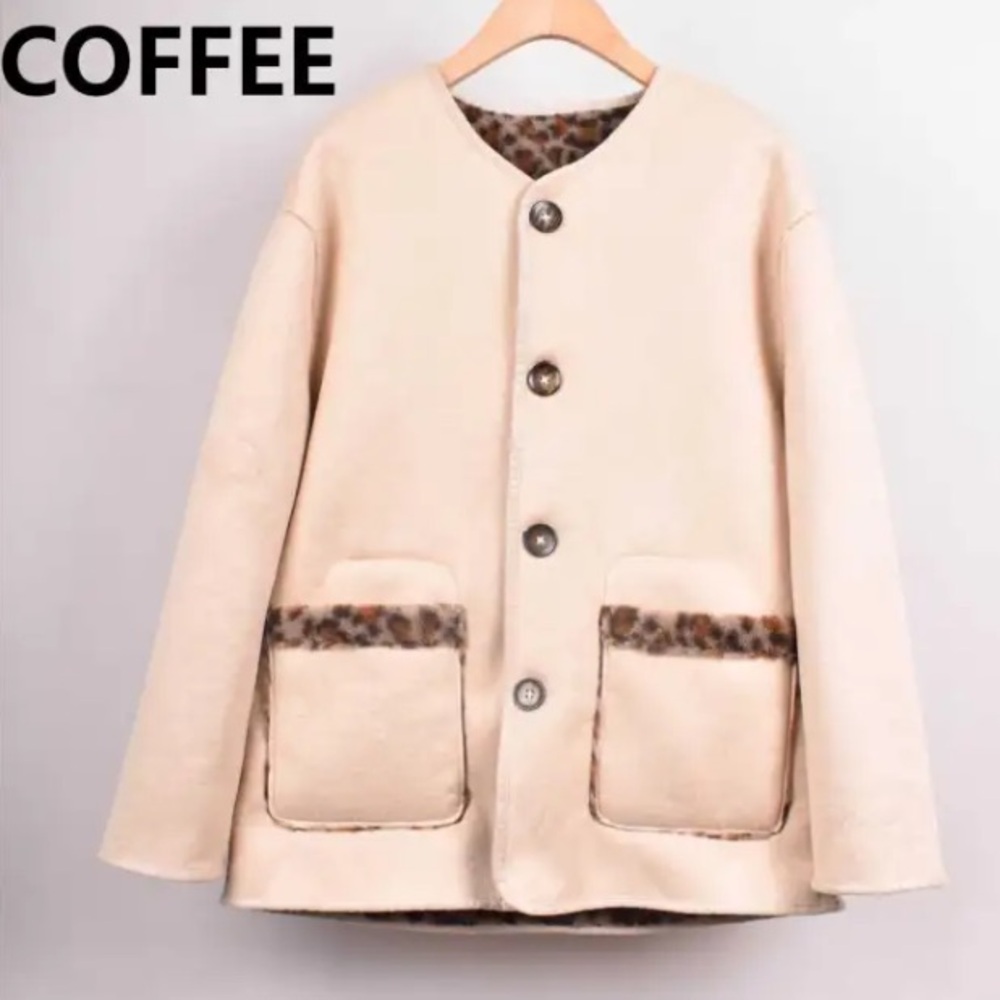 FROM PARIS FRANCE REVERSIBLE Leopard Trim Cream Jacket - Picture 3 of 3